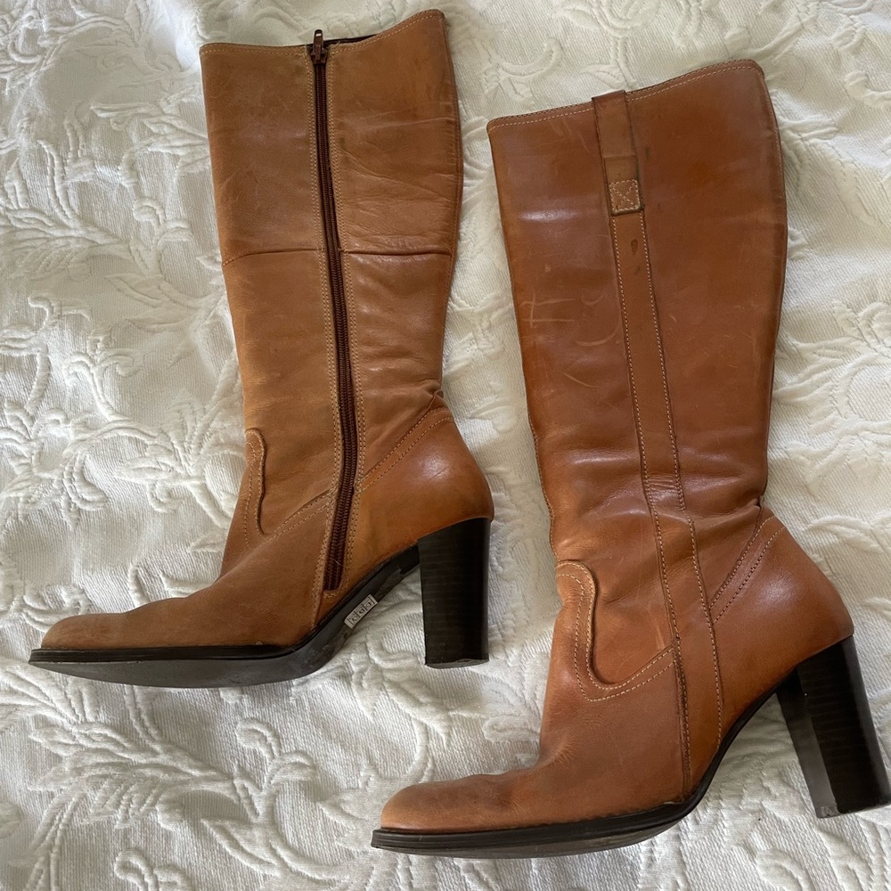 VTG Eric Michael Boots Camel Tan Brown Leather Mid Calf Zipper Chunky Heel Sz 37